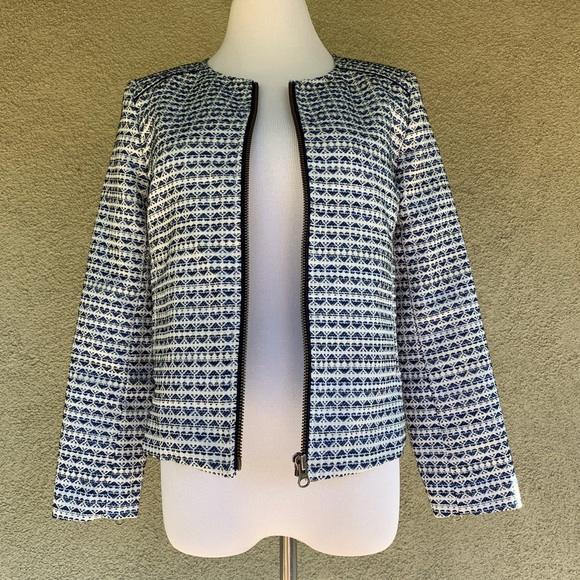 J. Crew Navy & White Woven Jacket Zip-Up Small - Picture 5 of 8